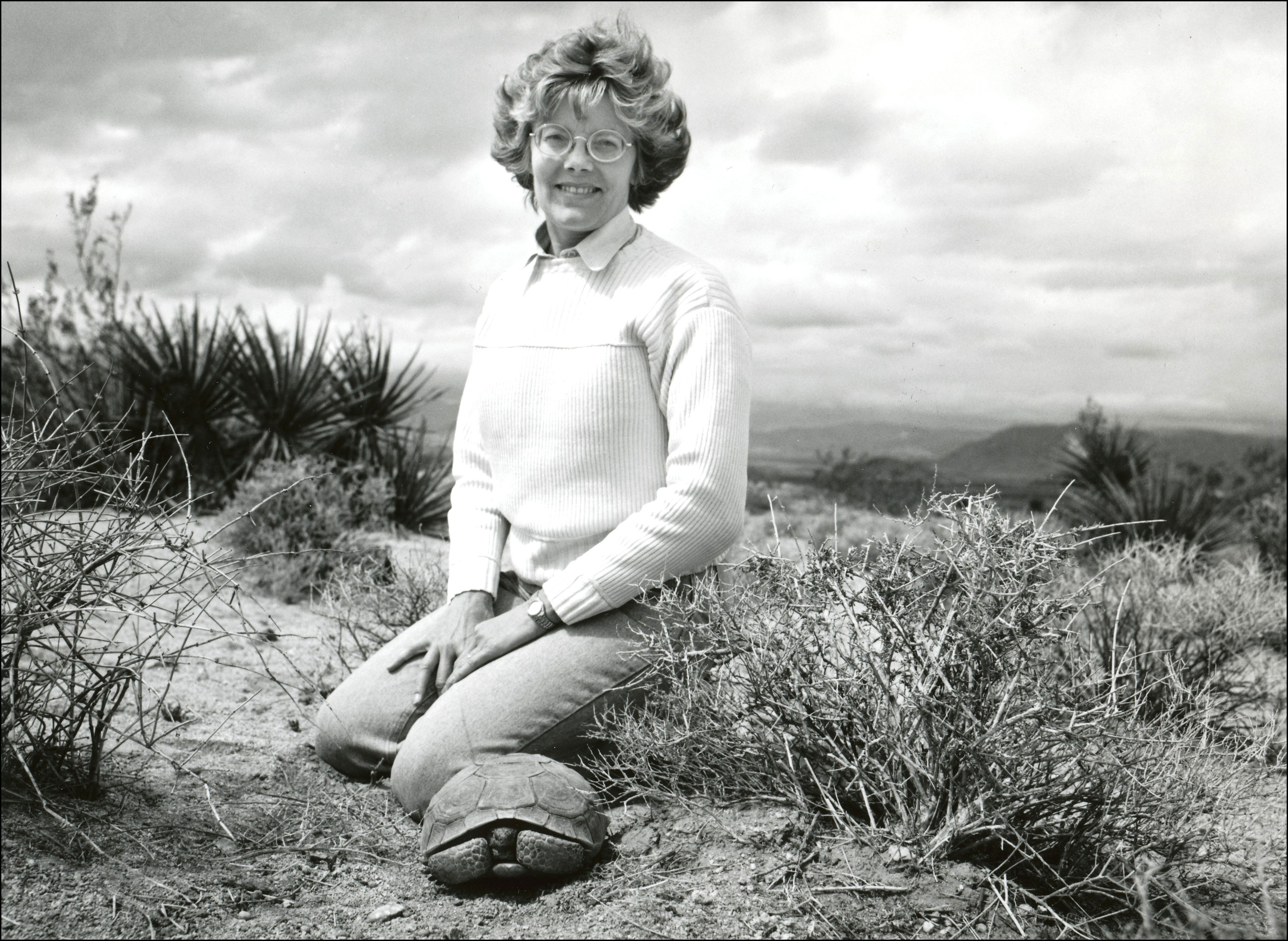 lady sitting on her knees in desert with a small tortoise 