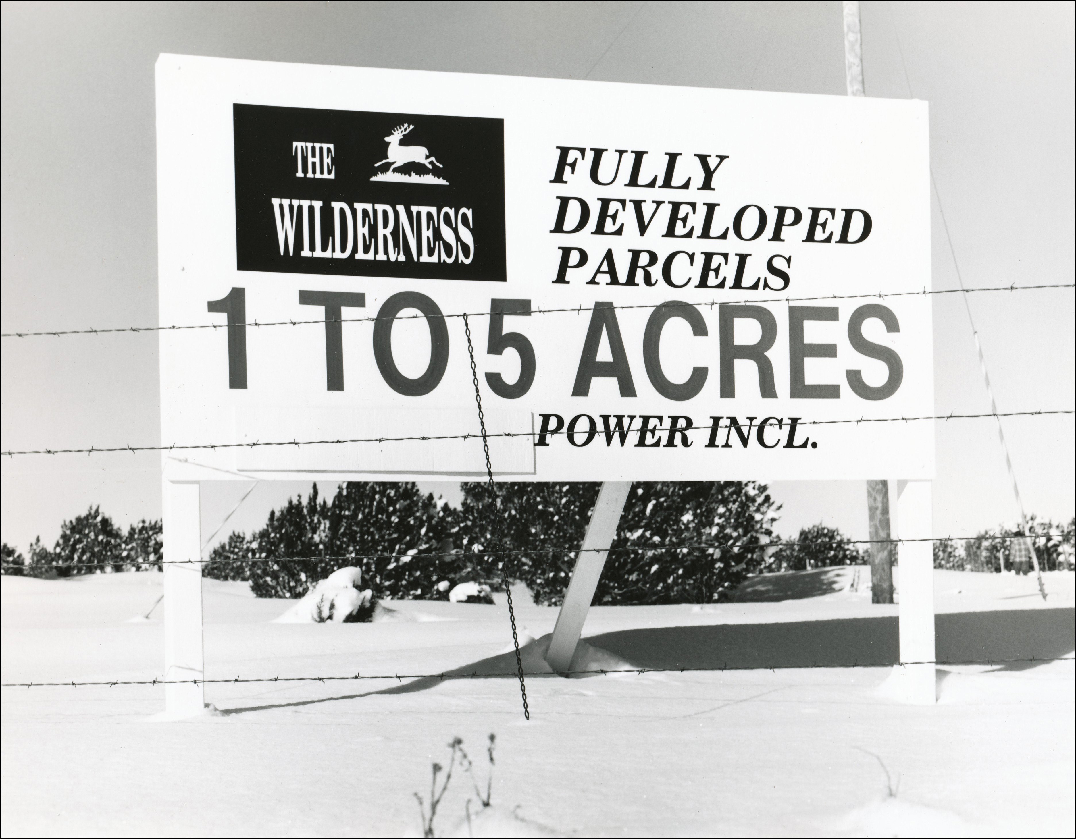 Sign in the snow with pinon trees behind it. Sign says The Wilderness, Fully Developed Parcels, 1 to 5 acres, Power Incl.