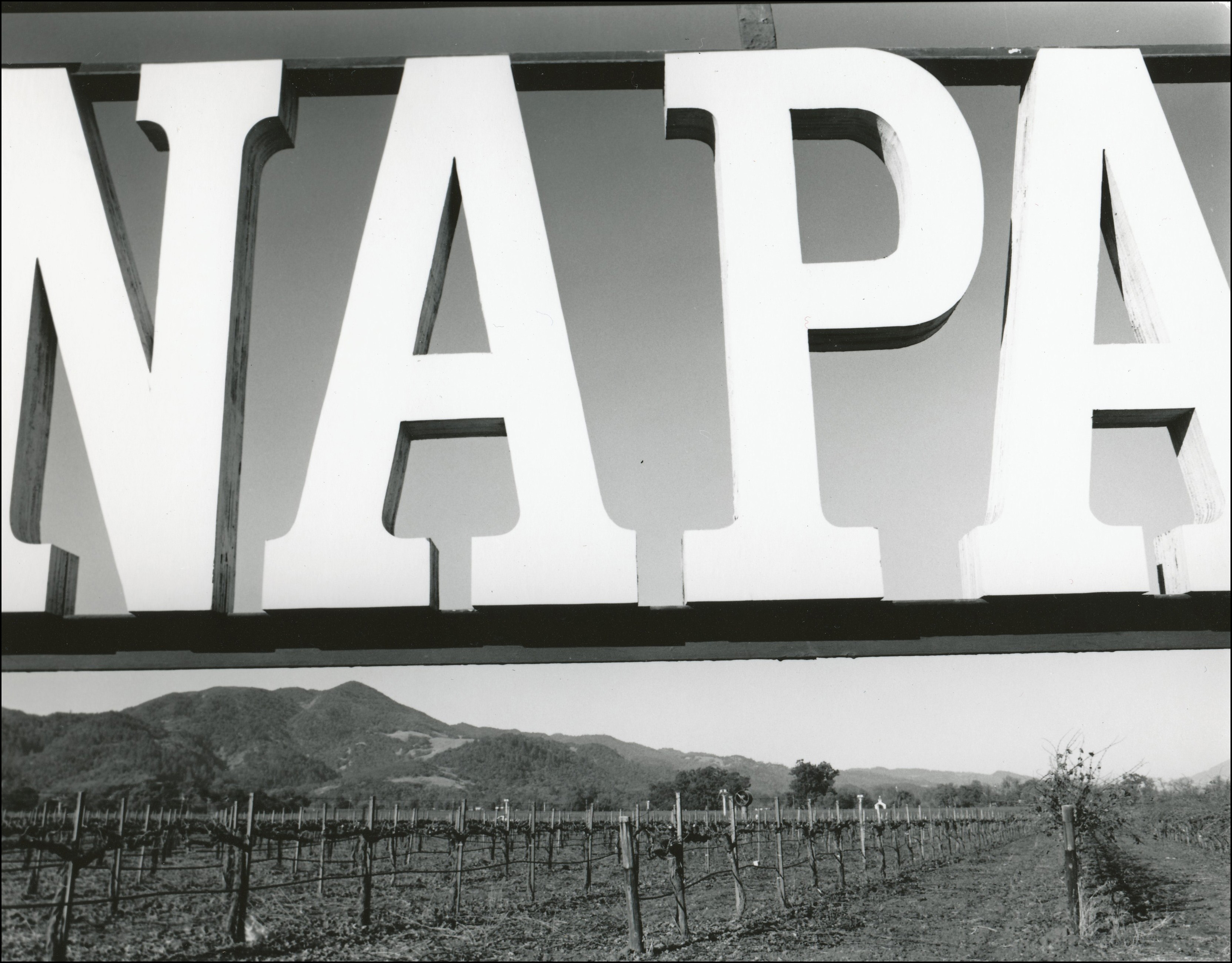 Large NAPA sign with vineyards in the background